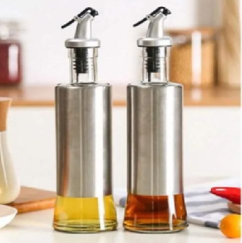 Glass Oil Bottle with Nozzle Head Steel Case Nozzle Glass Oil Bottle 300 ML