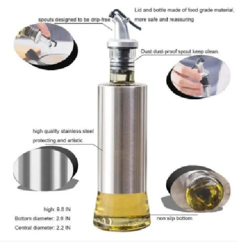 Glass Oil Bottle with Nozzle Head Steel Case Nozzle Glass Oil Bottle 300 ML